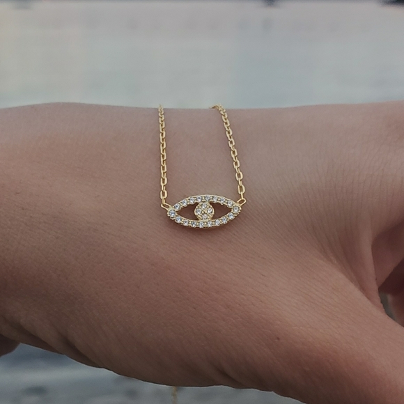 Evil Eye Necklace Gold Diamond Dainty New 925 Sterling Silver Gold Plated - Picture 3 of 6